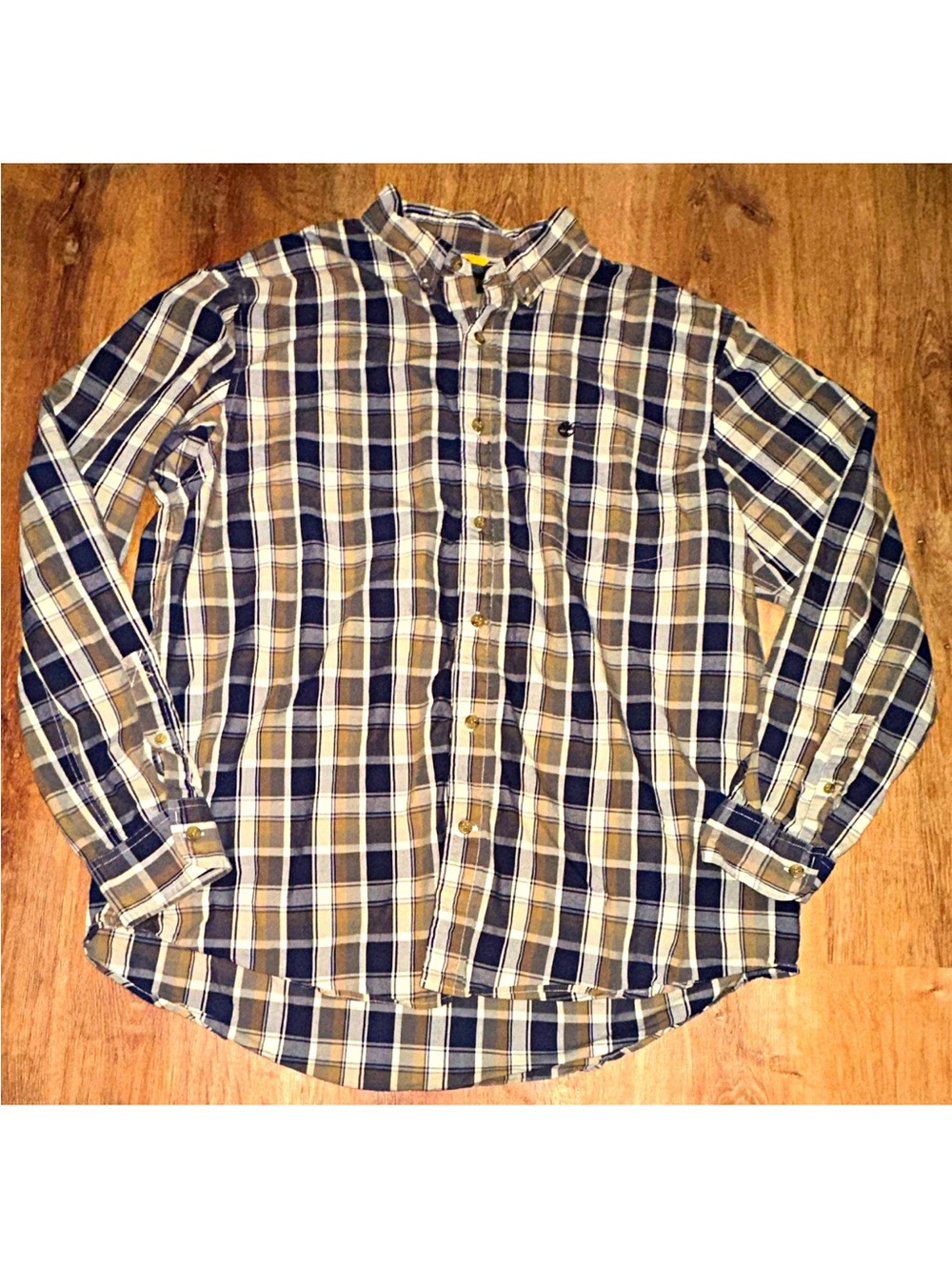 Vtg Timberland Men's XXL Big & Tall Blue Beige Plaid Woven Cotton Shirt Y2K